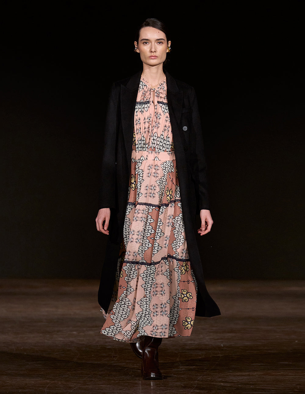 MARYLING Ruffled V-Neck Short-Sleeve Empire-Waist  Geometric Print Pleated Midi Dress