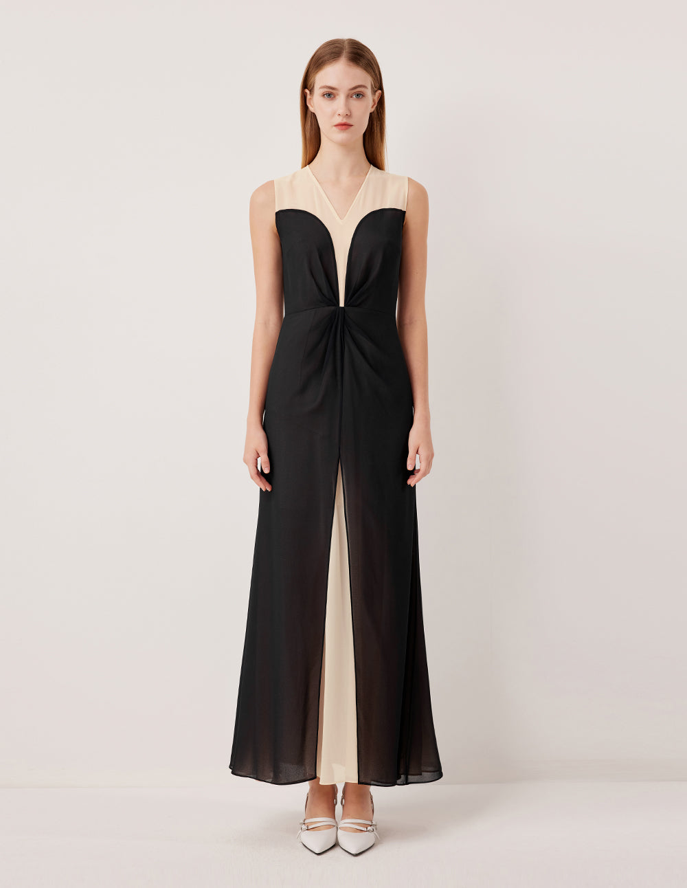 MARYLING V-neck Sleeveless Sheer Tulle Contrast Color Ruched Midi Dress