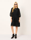 MARYLING Tie V-Neck Sheer Puff Long-Sleeves Empire-Waist Lace-Trim Flounce Silk Midi Dress