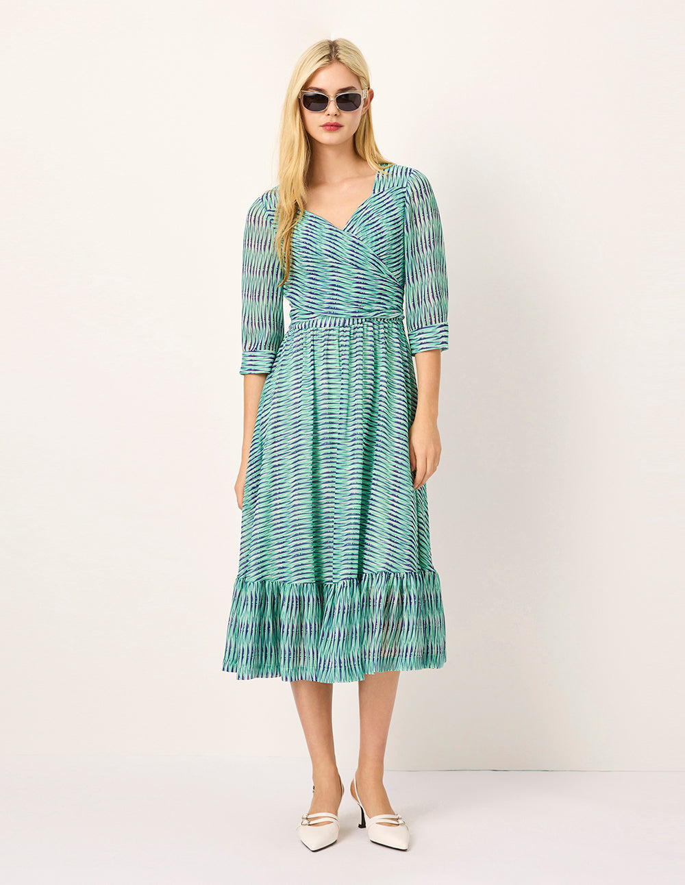 MARYLING Diamond Neck Cross Empire-Waist Striped-Print Flounce Midi Dress