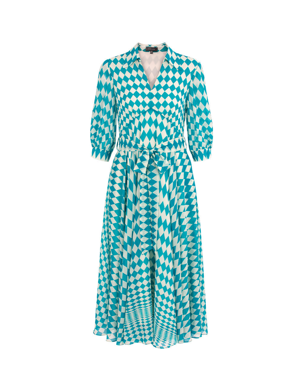 MARYLING V-Neck Puff-Sleeve Front-Tie Print Pleated Midi Dress