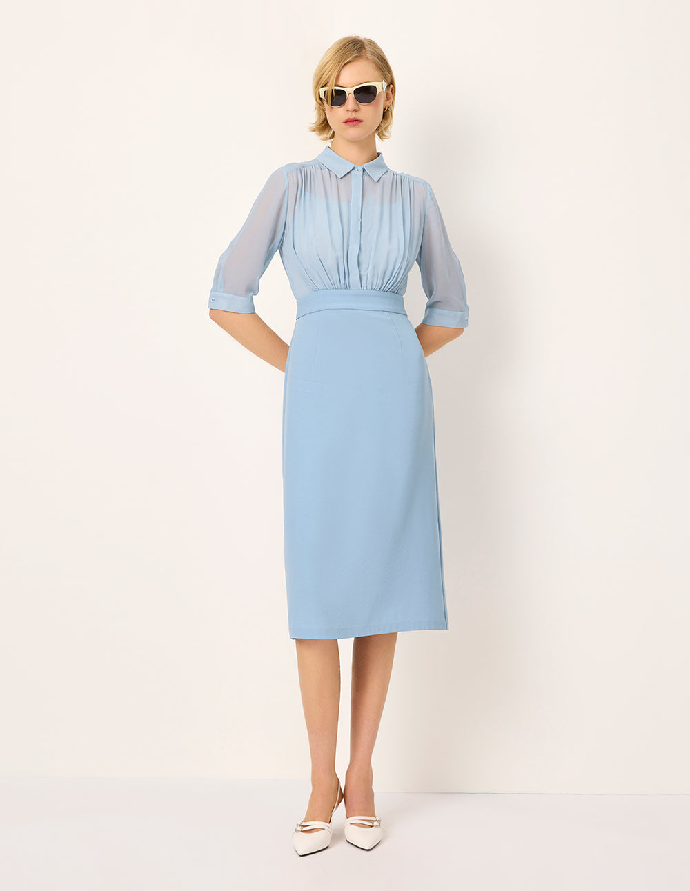 MARYLING Lapel Pleated Empire-Waist Midi Shirt Dress