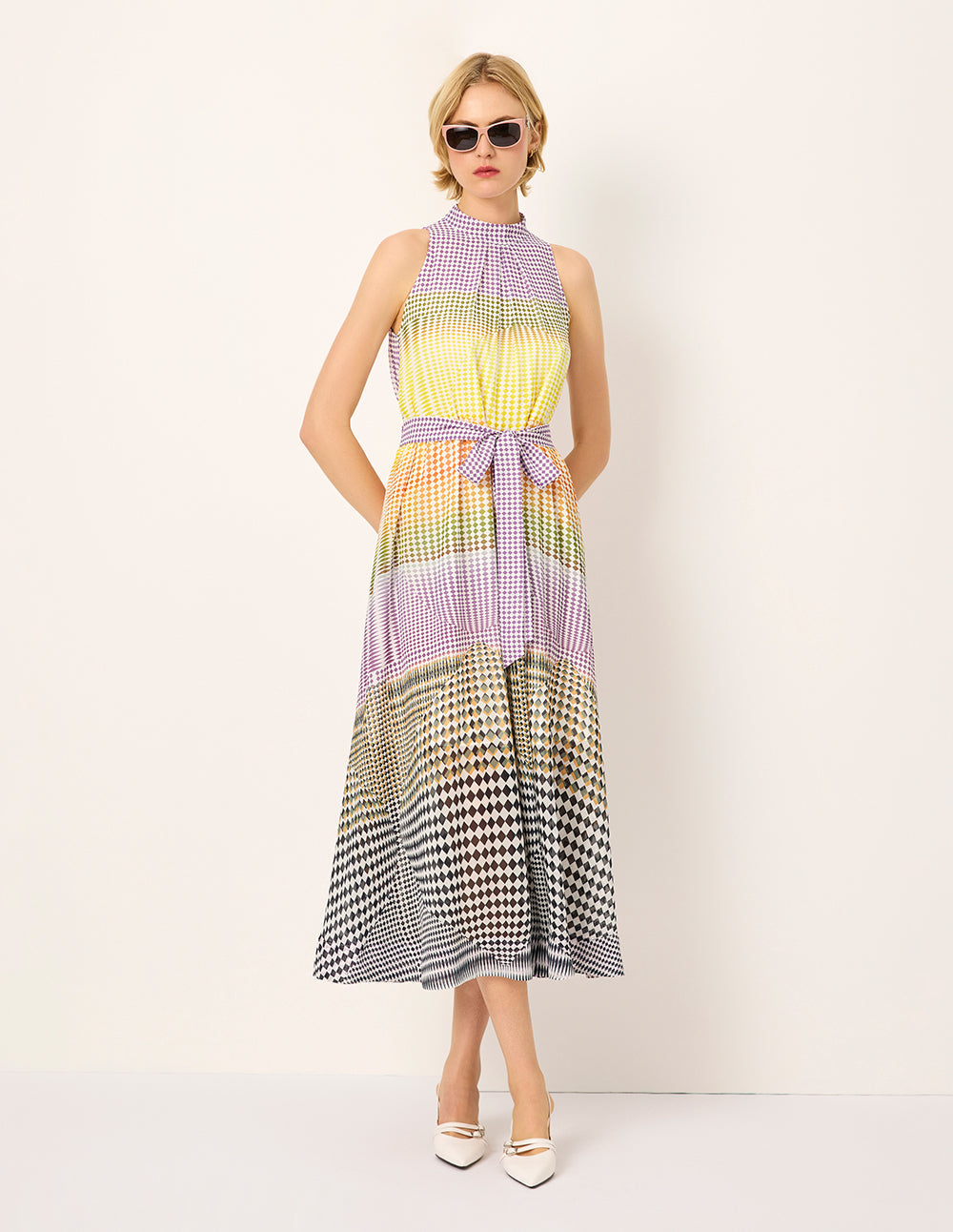 MARYLING Rhombus Print Sleeveless Empired Midi Silk Dress
