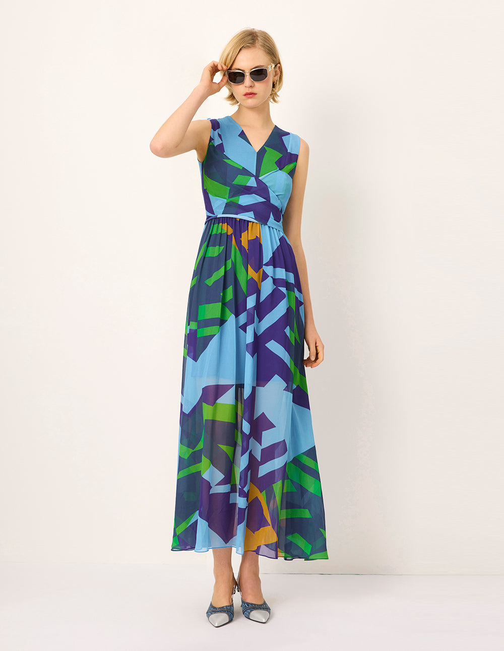 MARYLING V-Neck Sleeveless Blue Green Patchwork Floral Pleated Midi Dress