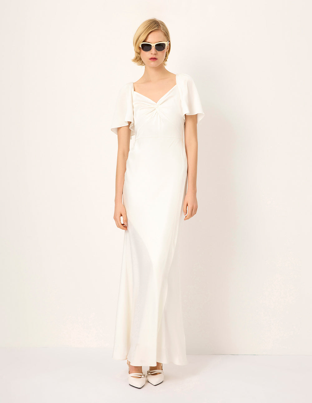 MARYLING V-Neck Flared Short-Sleeves Gathered Backless Satin White Evening Gown Dress