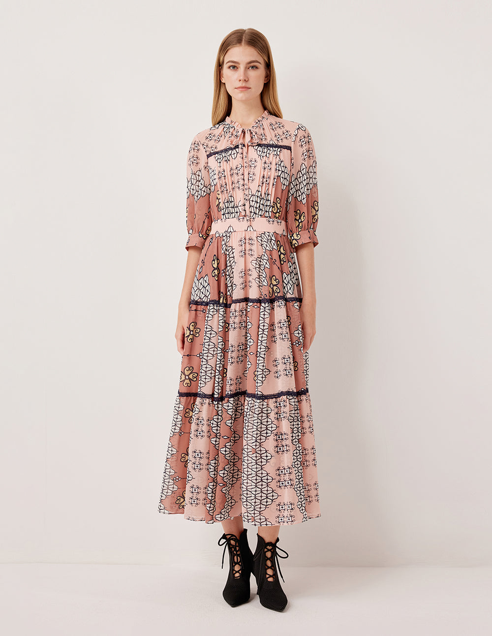 MARYLING Ruffled V-Neck Short-Sleeve Empire-Waist  Geometric Print Pleated Midi Dress