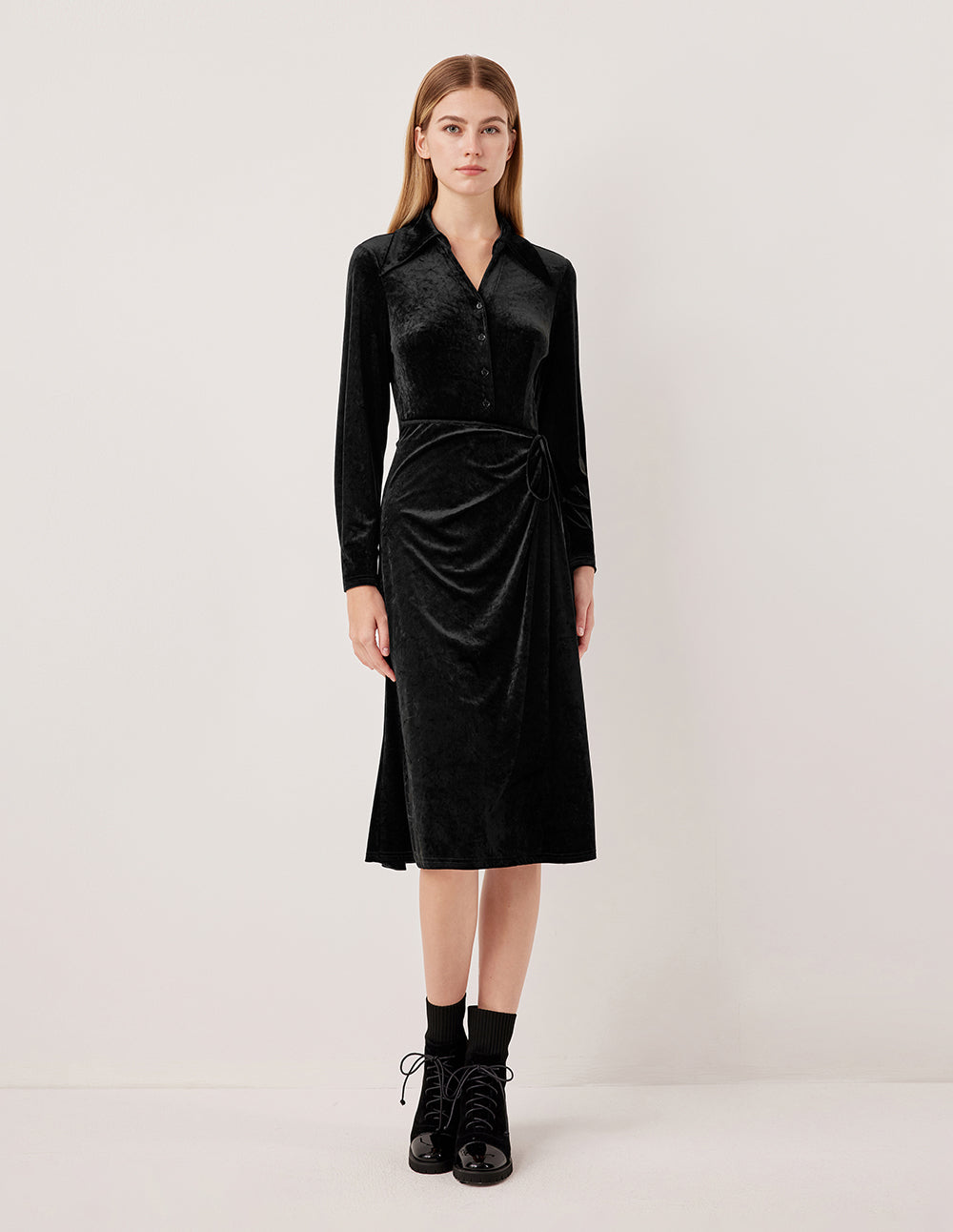 MARYLING V-Neck Ruched Velvet Midi Dress with Side Slit