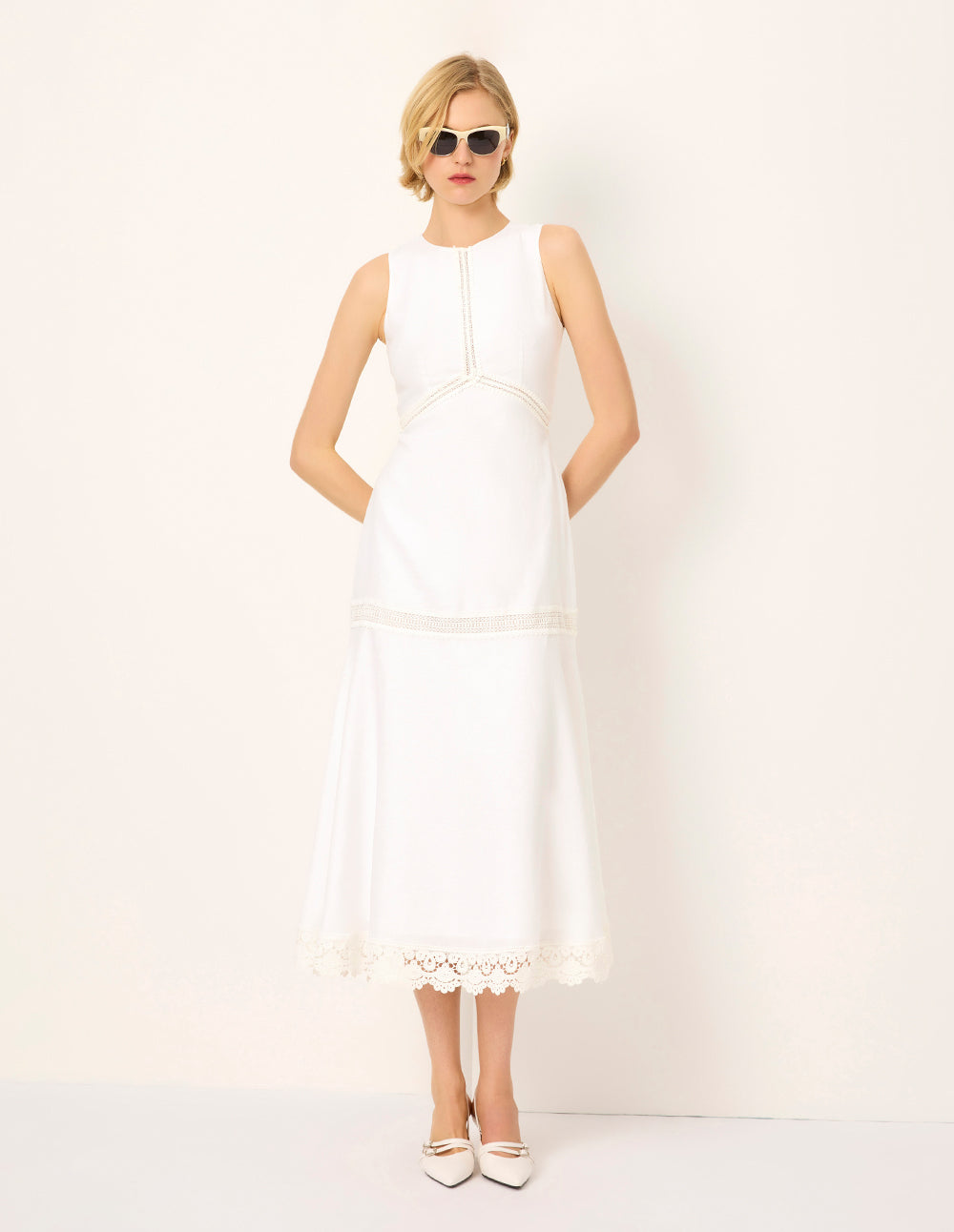 MARYLING Round Neck Sleeveless Empire-Waist Lace Ruffle-Trim Midi Dress