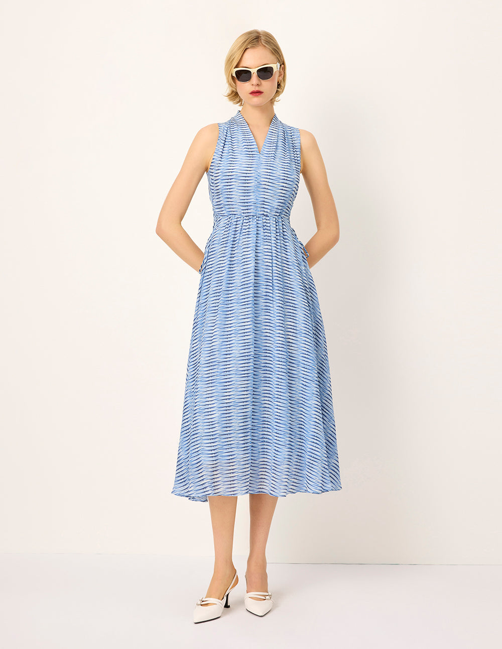 MARYLING V-Neck Belted Sleeveless Striped Pleated Midi Dress