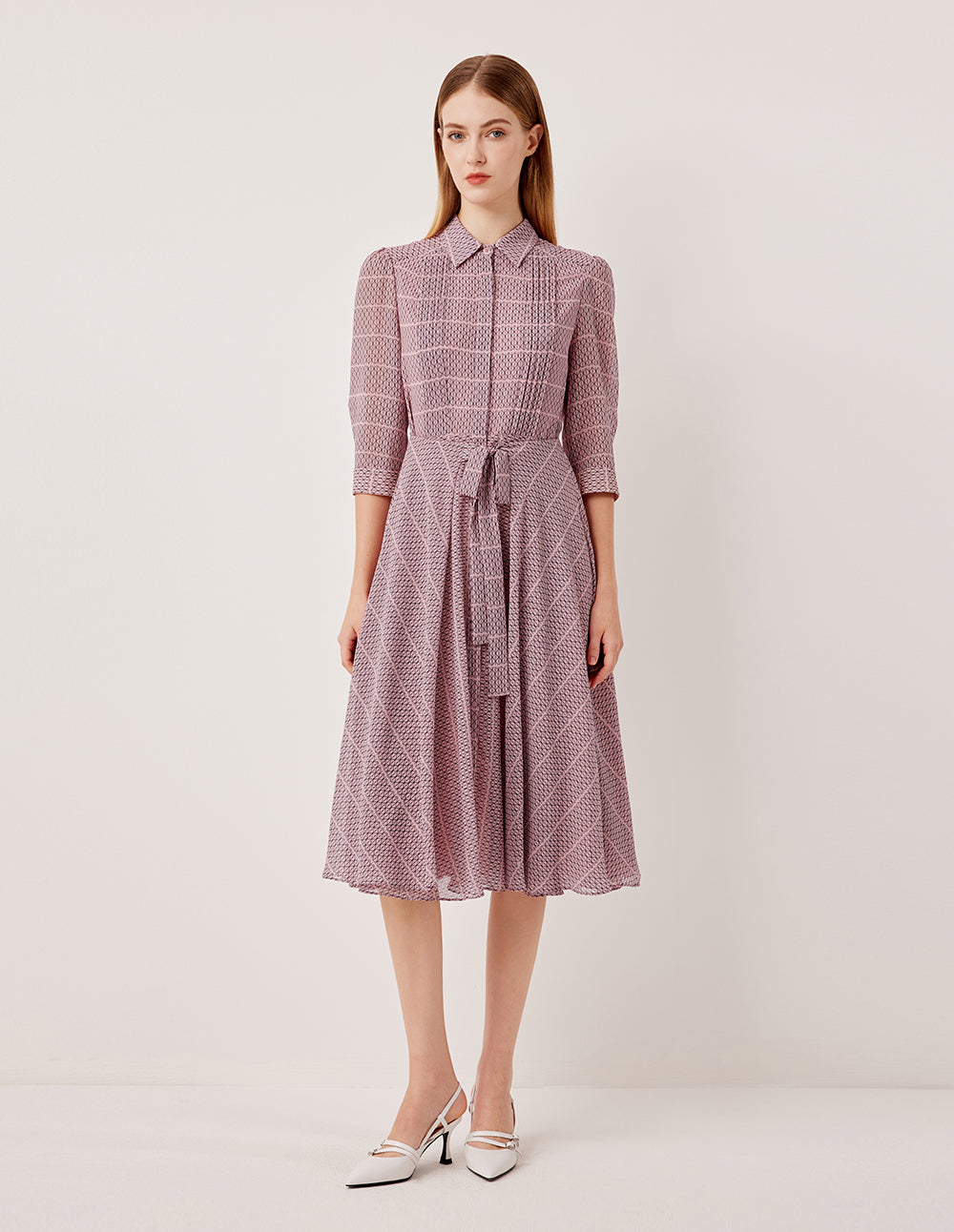 MARYLING Lapel Puff Long-Sleeve Pin Tuck Plaid with Tie Belt Pleated Midi Shirt Dress