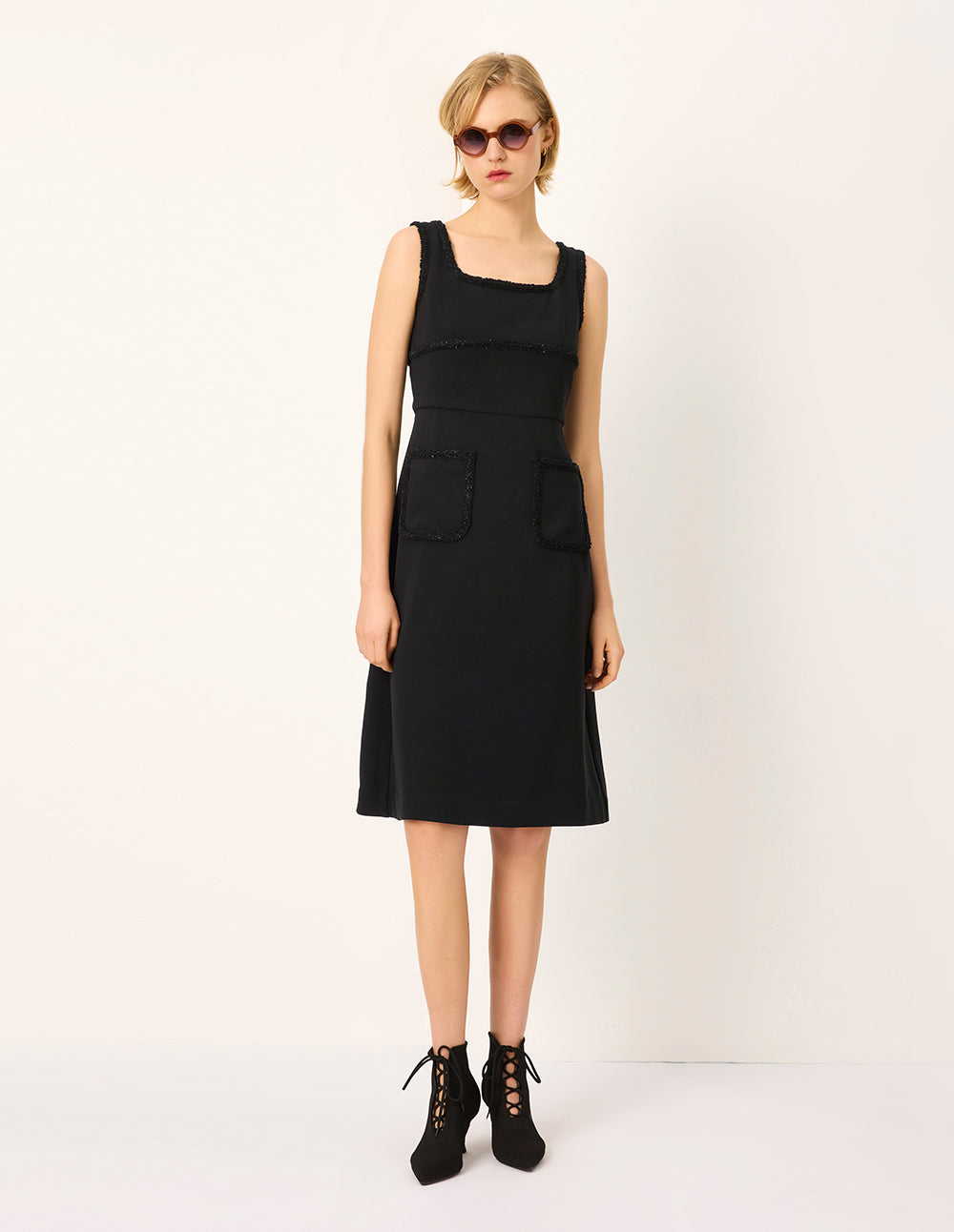 MARYLING Square Neck Sleeveless Tweed-Trim Midi Shift Dress
