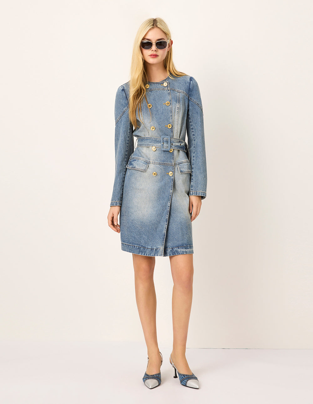 MARYLING Round Neck Long-Sleeve Double-Breasted Tie-Front Denim Dress