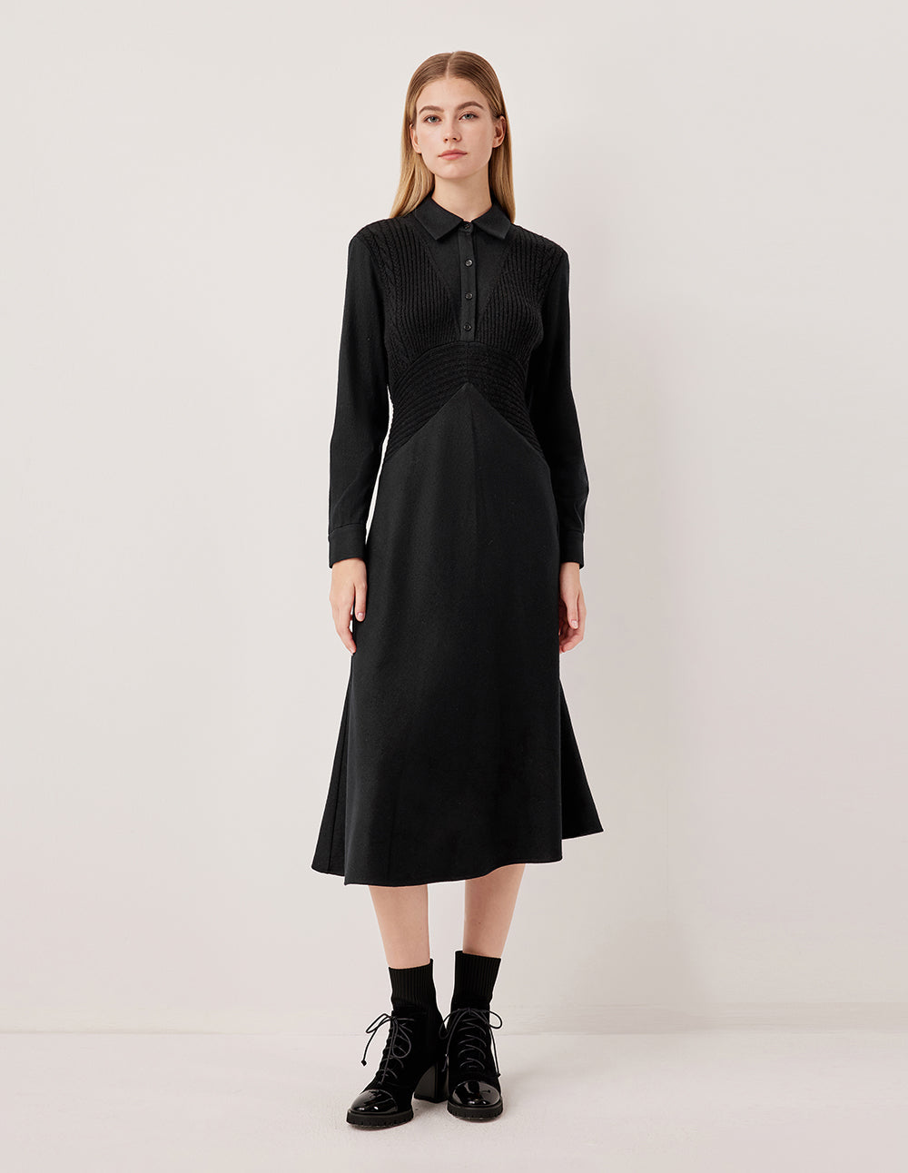 MARYLING Collar Pleated Shirt Dress Patchwork Knit Vest