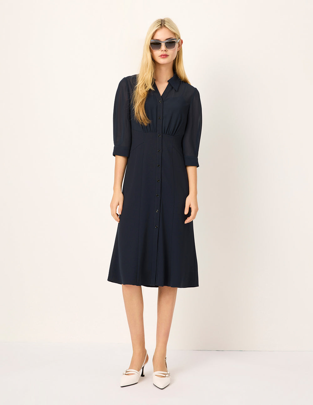MARYLING Spliced Transparent Georgette Half-Sleeve Midi Shirt Dress