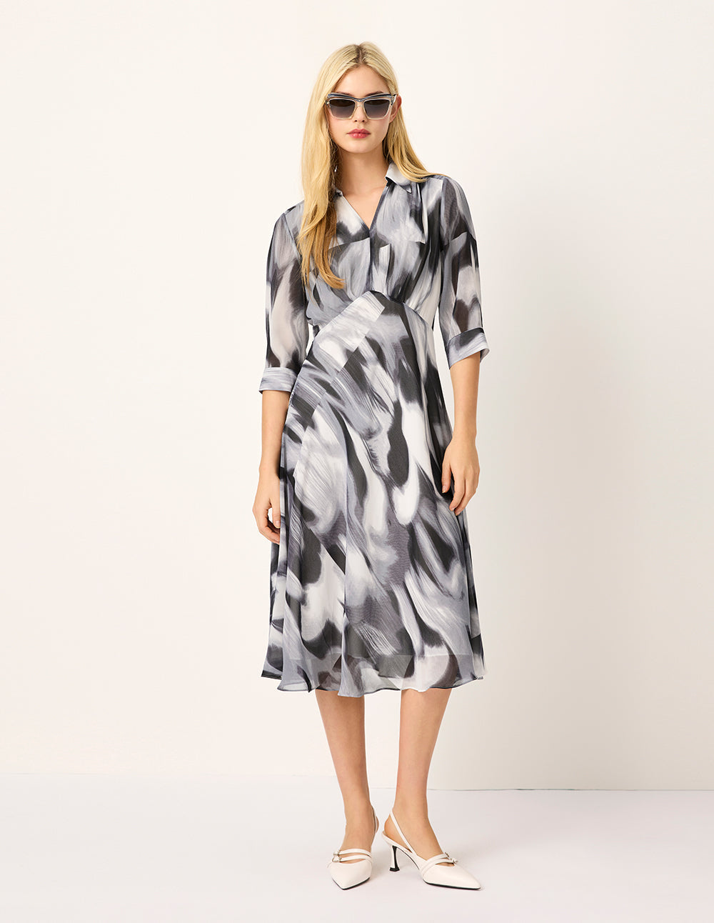 MARYLING Lapel Half-Sleeve Empire-Waist Ink Print Pleated Mid Shirt Dress