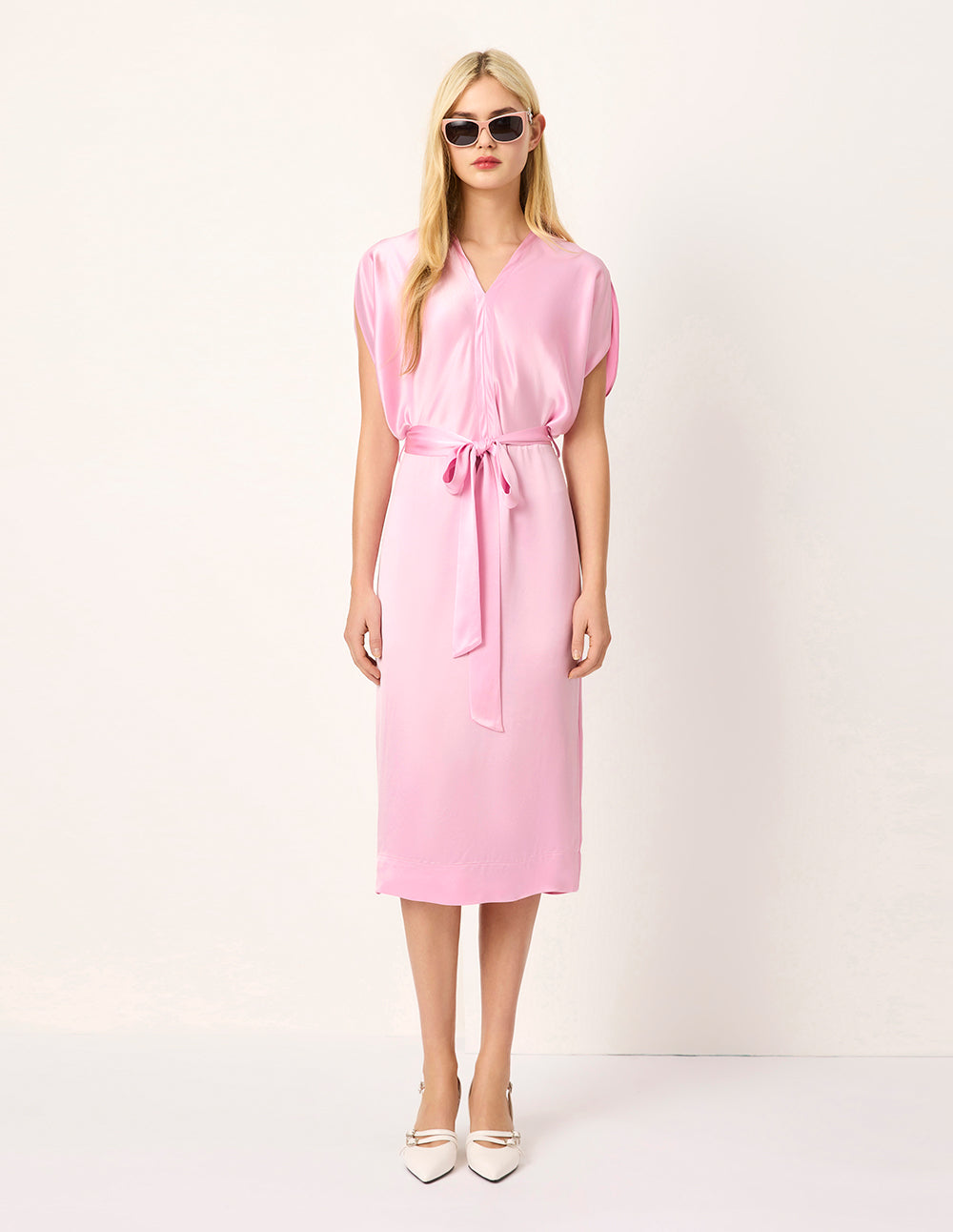 MARYLING Blush Pink V-Neck Belted Midi Dress