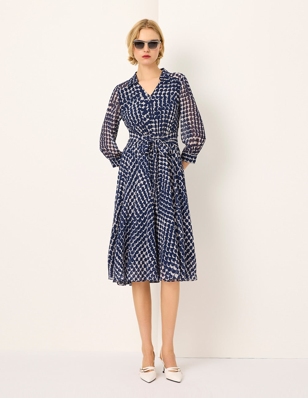 MARYLING Shirt Collar Long-Sleeve Empire Tie-Waist Printed  Midi Dress