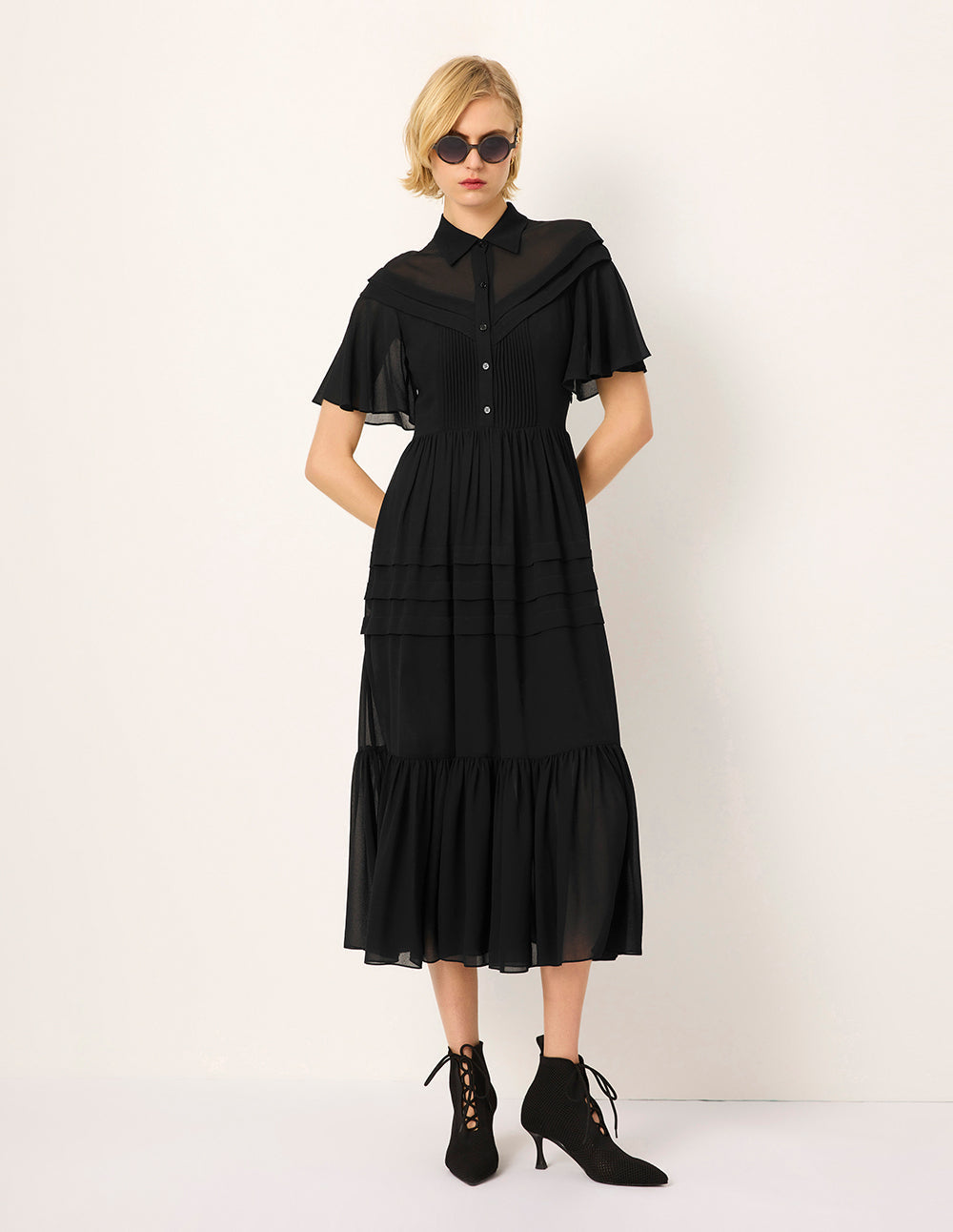 MARYLING Lapel Sheer Overlay Ruffled Short-Sleeve Pin-Tuck Empire-Waist Pleated Midi Dress