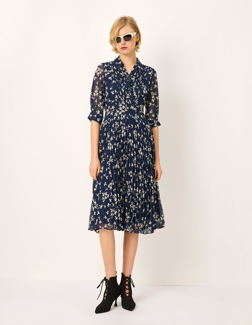 MARYLING Shirt Collar Short-Sleeve Empired-Waist Flora Printed Pleated Midi Dress
