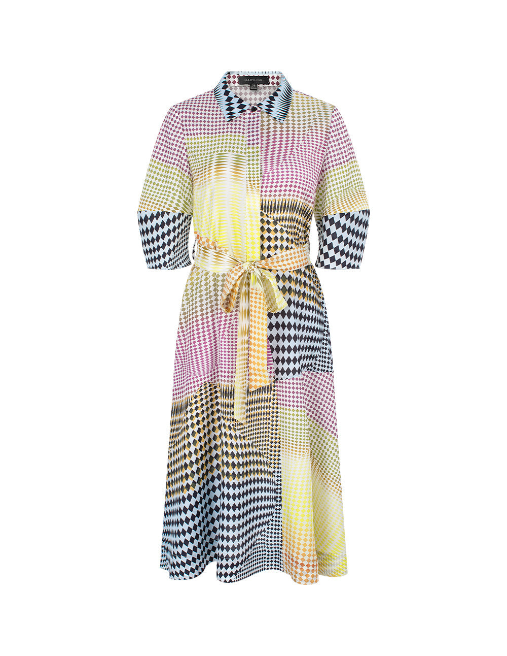 MARYLING Color Block Rhombus Print Short Sleeve Midi Shirt Dress