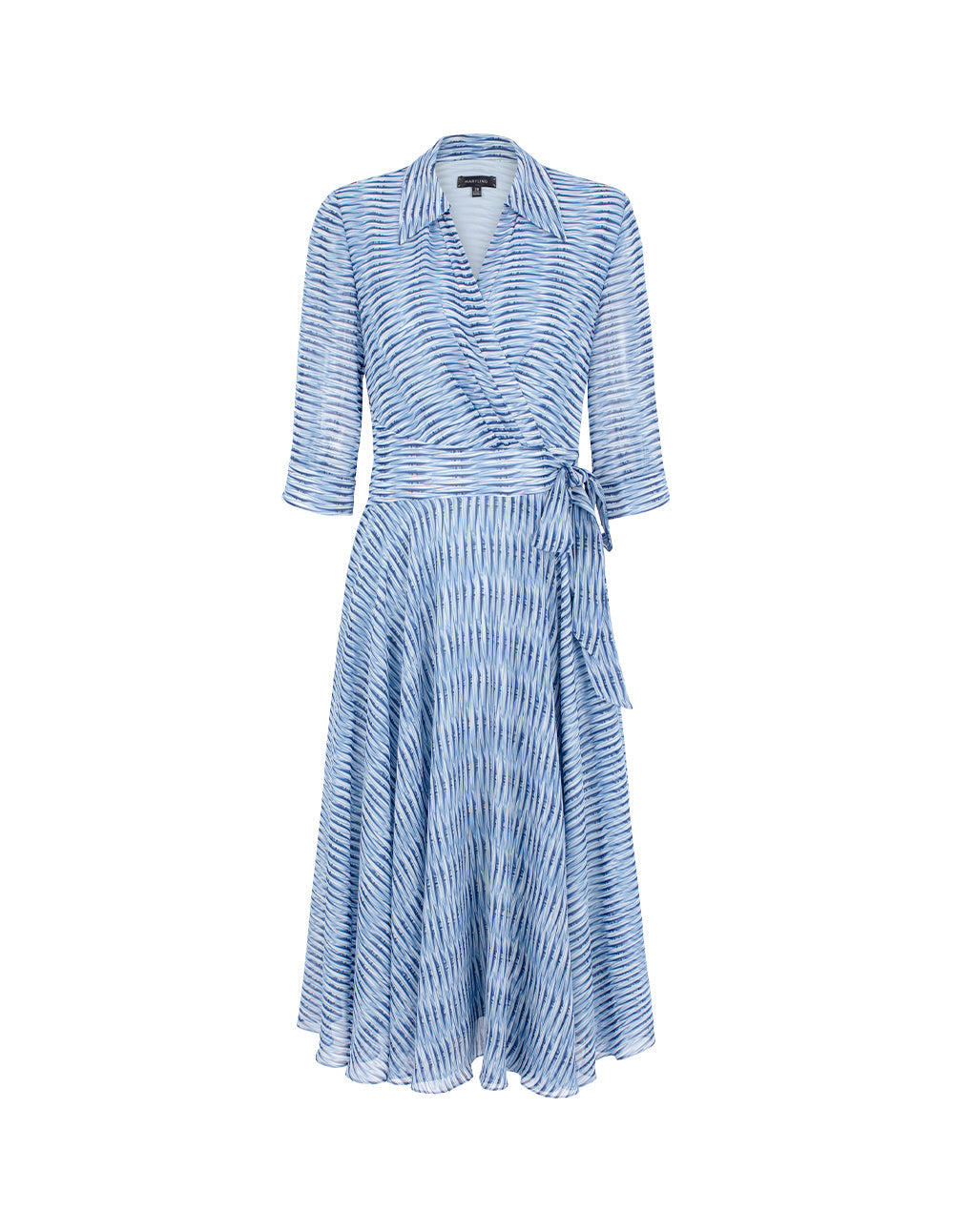 MARYLING Lapel Stripe Print Empire-Waist Pleated Midi Wrap Dress