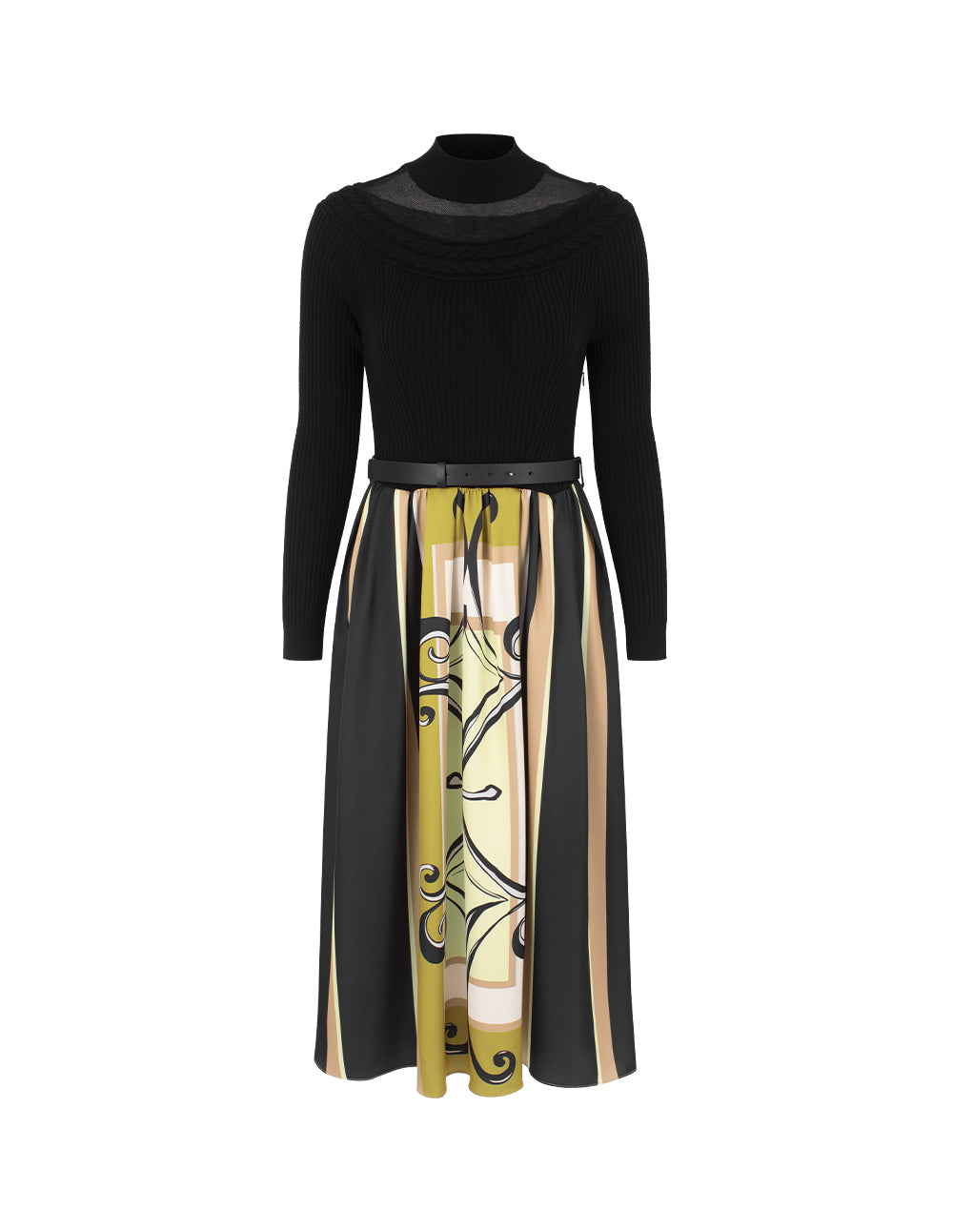 MARYLING Semi-High Neck Long Sleeve Knit Patchwork Print Midi Dress