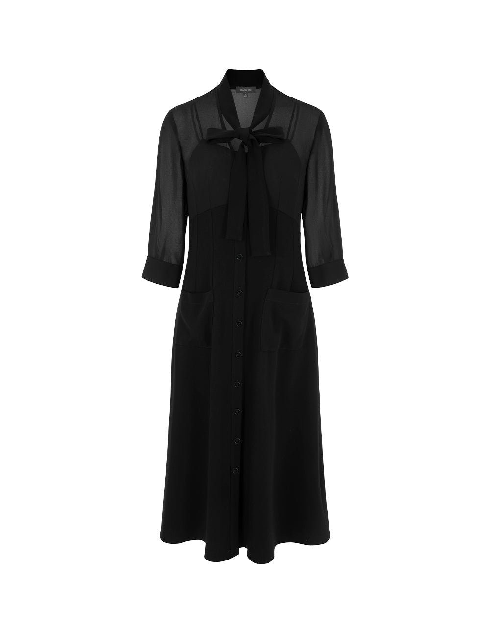 MARYLING Tie Half-Sleeve A-Line Midi Black Shift Dress