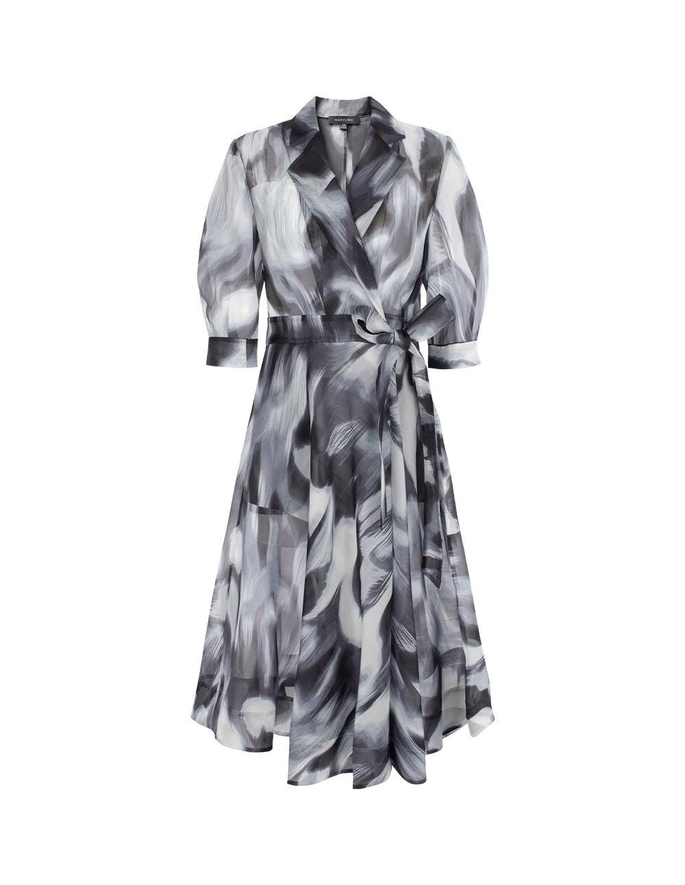 MARYLING Peaked Lapel Short-Sleeve Empire-Waist Artistic Print Midi Wrap Dress