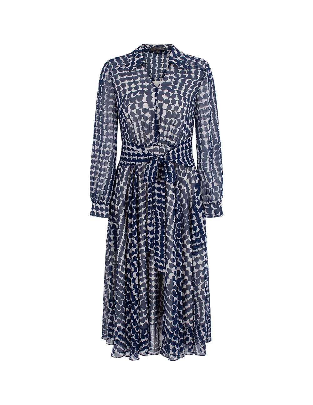 MARYLING Shirt Collar Long-Sleeve Empire Tie-Waist Printed  Midi Dress