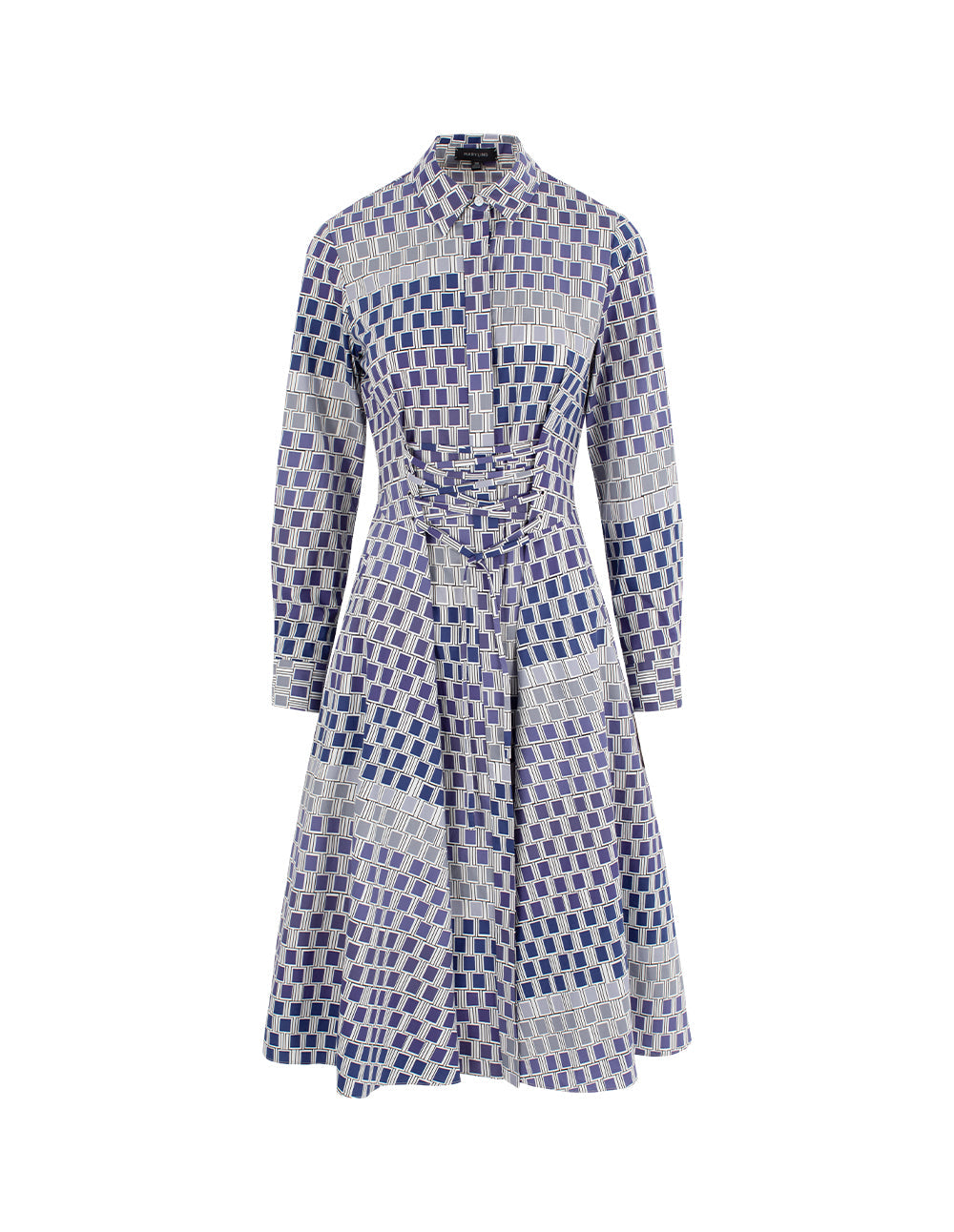 MARYLING Check-patchwork Plaid Tie-Waist Pleated Midi Shirt Dress