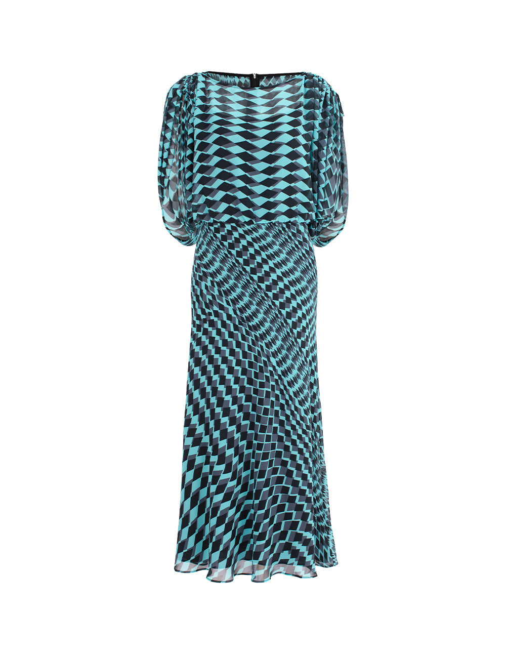 MARYLING Round Neck Short-Sleeve Geometric Print Empire-Waist Midi Dress