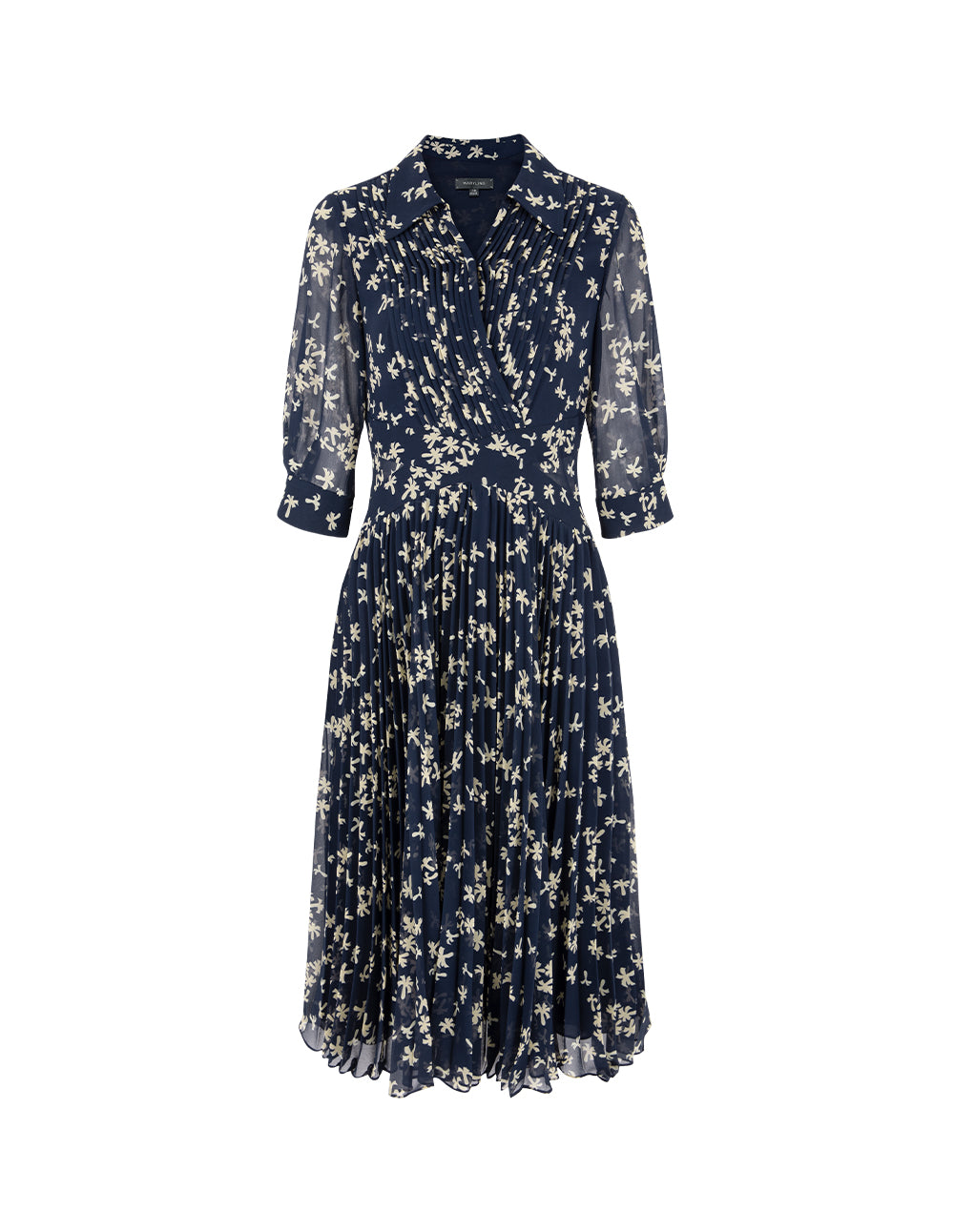 MARYLING Shirt Collar Short-Sleeve Empired-Waist Flora Printed Pleated Midi Dress