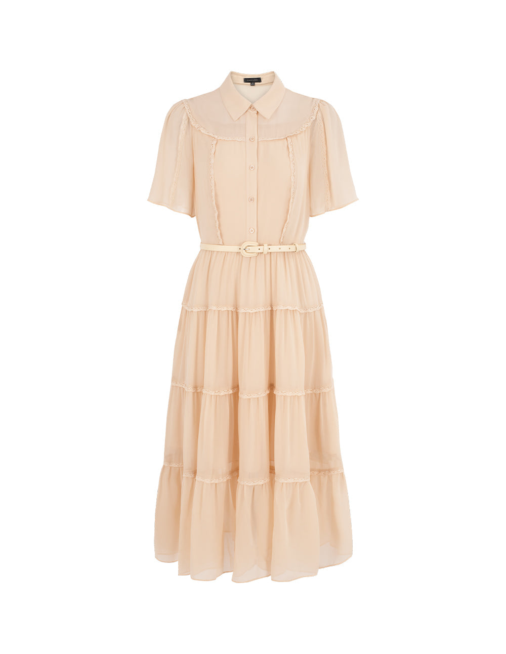 MARYLING Lapel Short Sleeve Ruffle Trim Pleated Tiered Silk Midi Shirt Dress