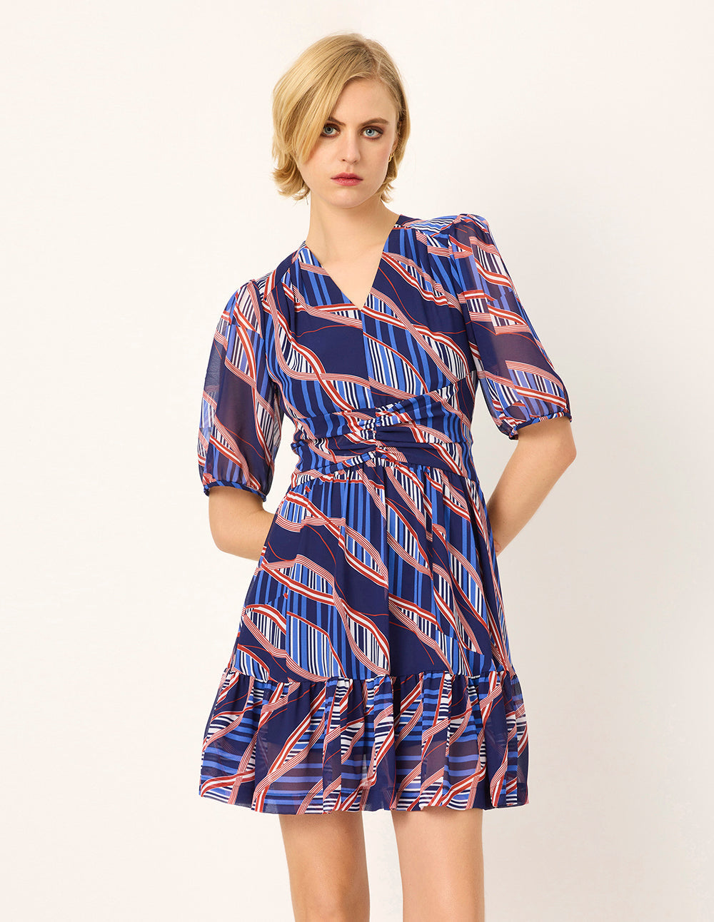 MARYLING V-Neck Puff Short Sleeve Striped Print Pleated Flounce Midi Dress