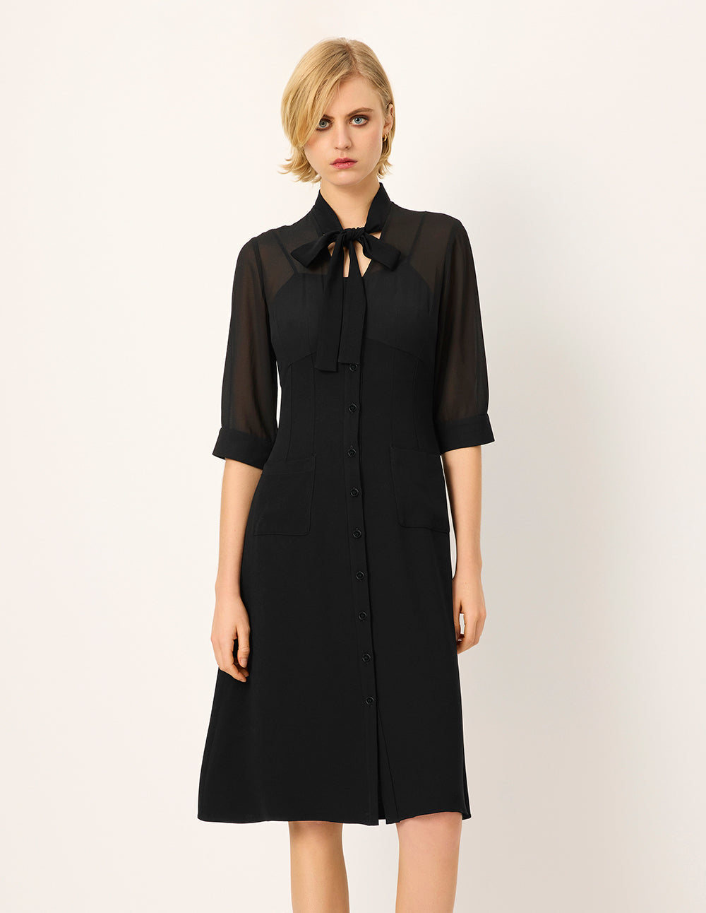 MARYLING Tie Half-Sleeve A-Line Midi Black Shift Dress