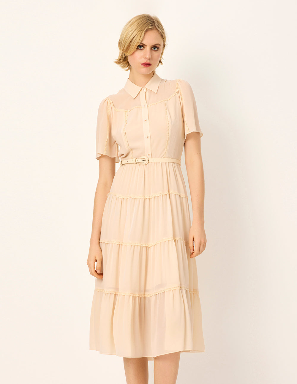 MARYLING Lapel Short Sleeve Ruffle Trim Pleated Tiered Silk Midi Shirt Dress