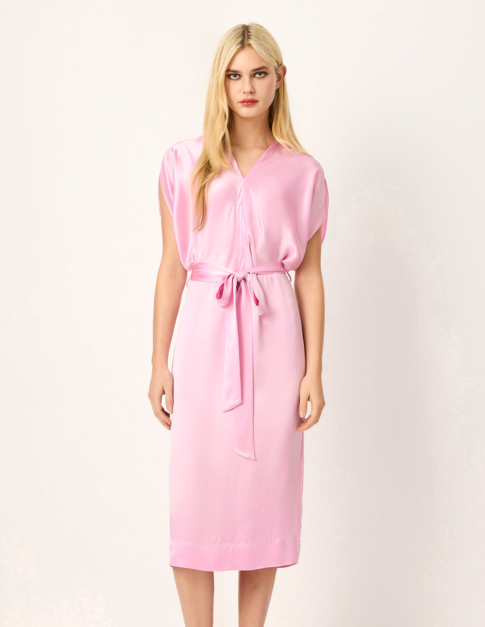 MARYLING Blush Pink V-Neck Belted Midi Dress