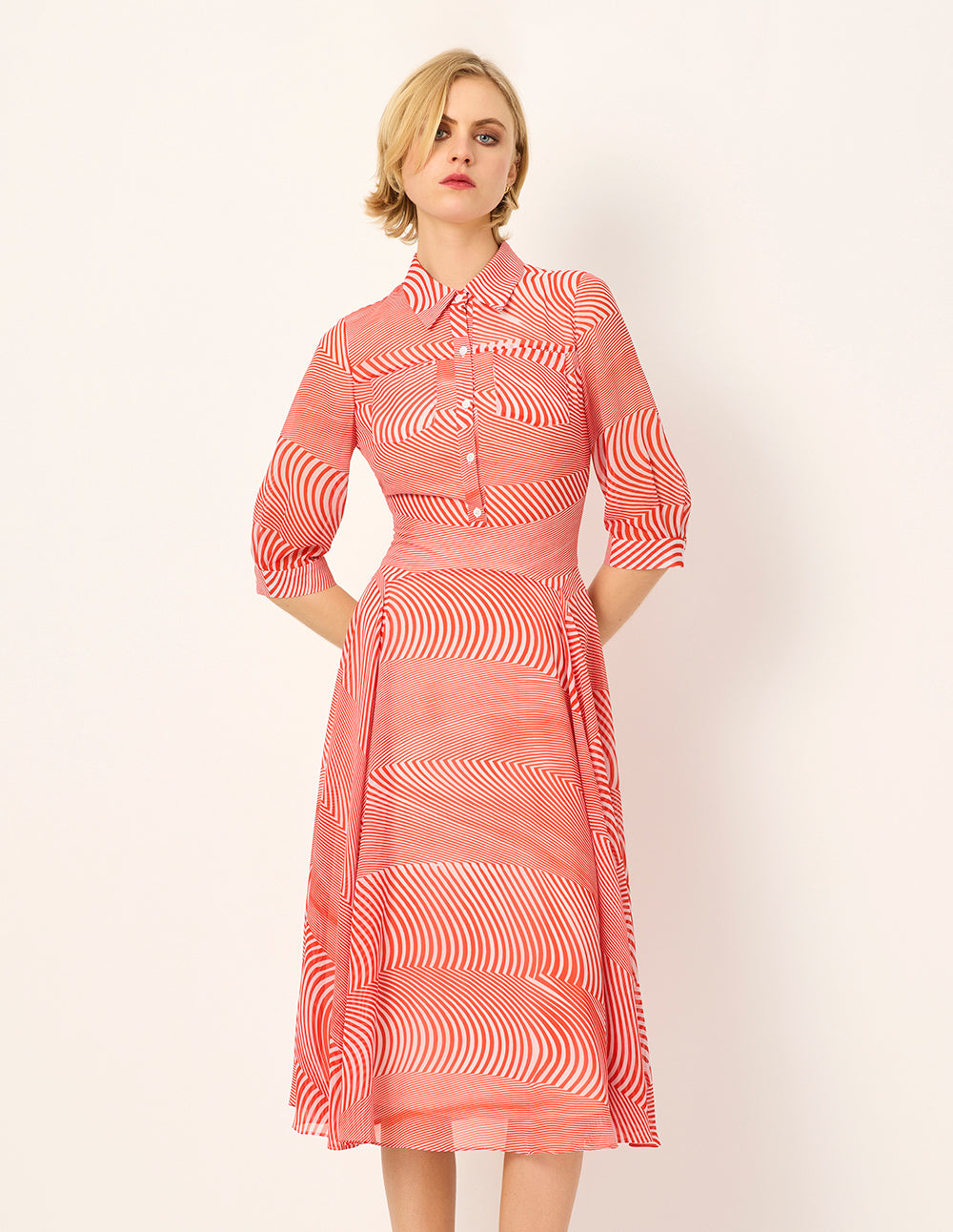 MARYLING Half-Sleeve Striped-Print Pleated Midi Shirt Dress