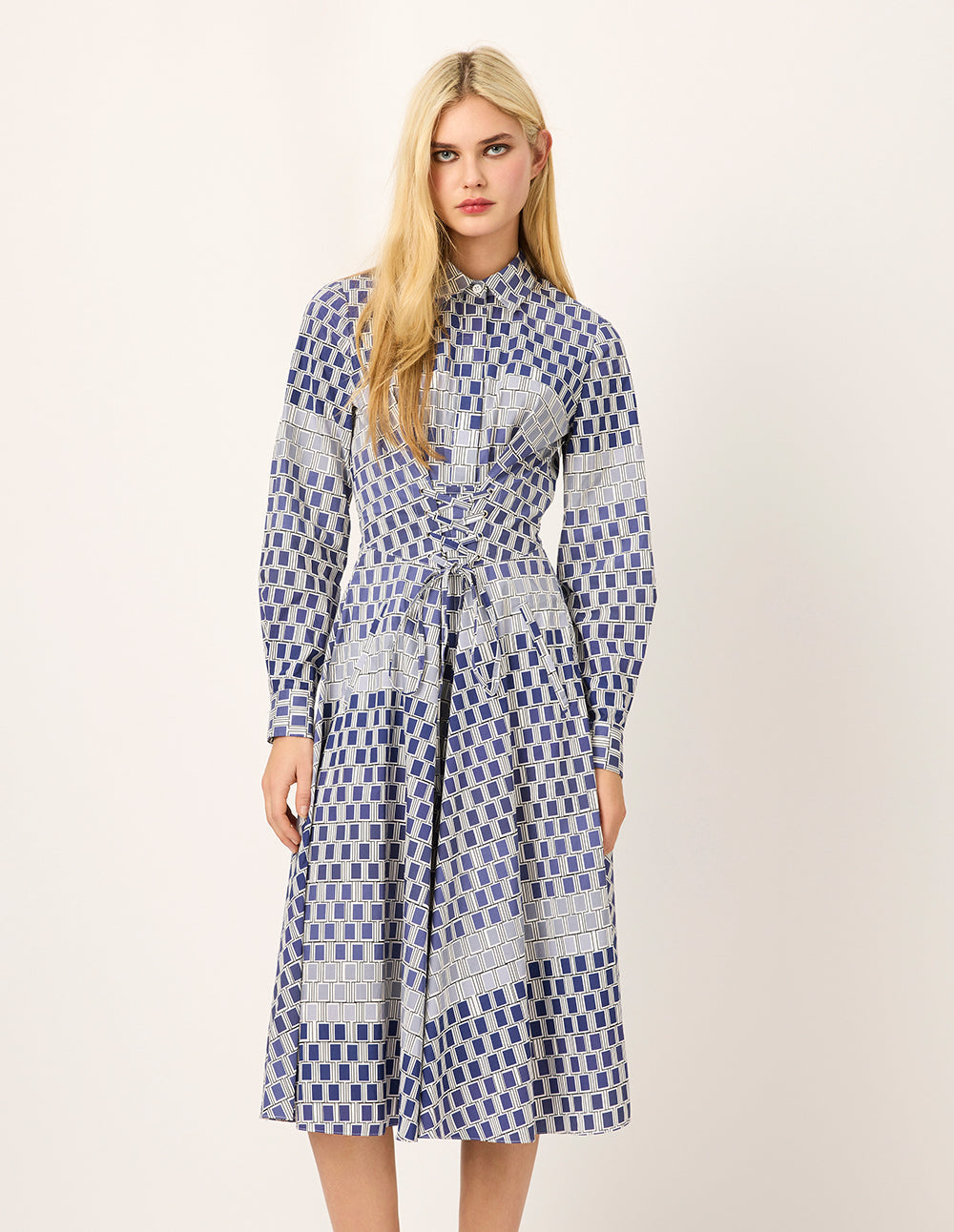 MARYLING Check-patchwork Plaid Tie-Waist Pleated Midi Shirt Dress