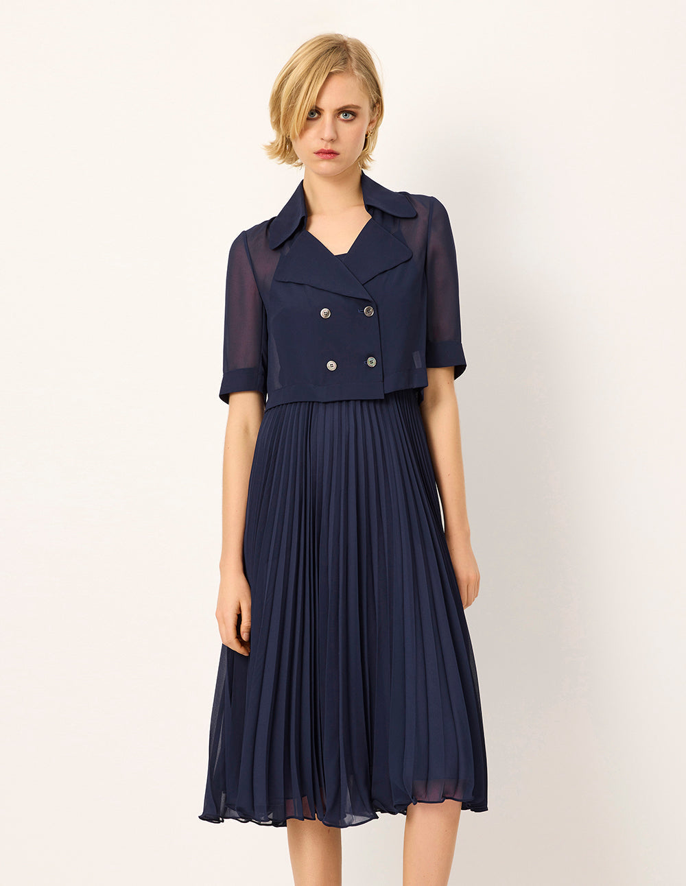 MARYLING Structured Collar Double-breasted Trench-Inspired Faux Two-Piece Pleated Midi Dress