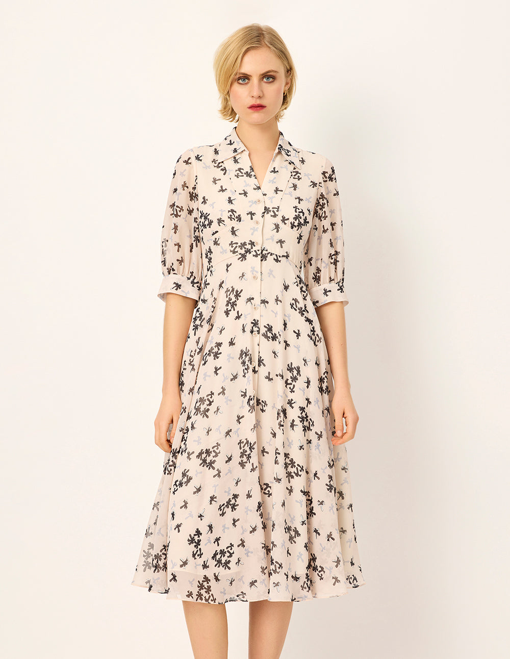 MARYLING Palm Tree Print Short Sleeve Pleated Midi Dress