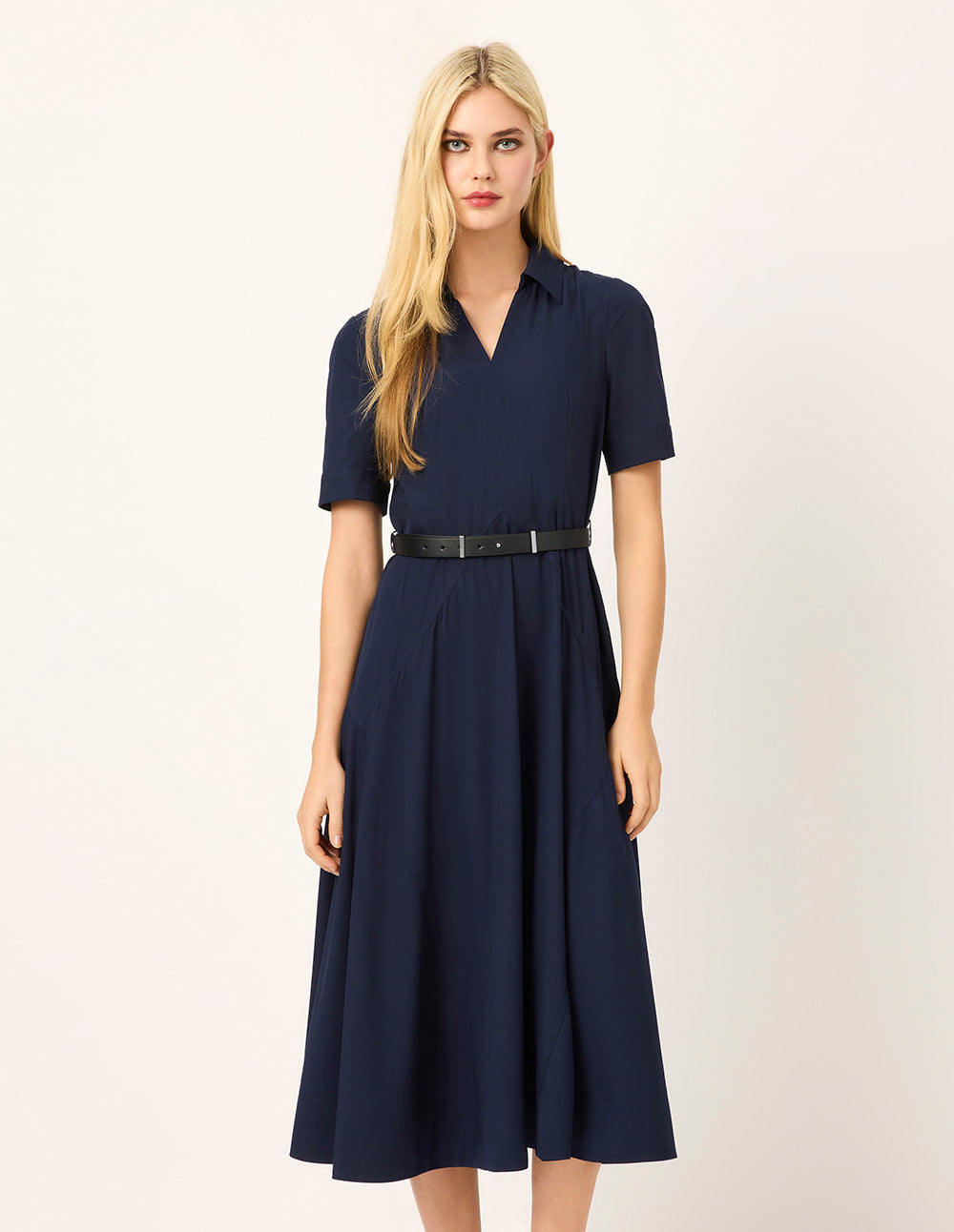 MARYLING Lapel Short-Sleeve Empire-Waist Pleated Dress