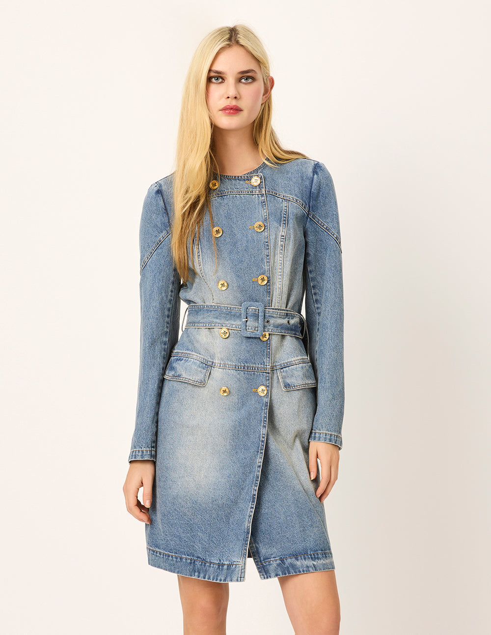 MARYLING Round Neck Long-Sleeve Double-Breasted Tie-Front Denim Dress