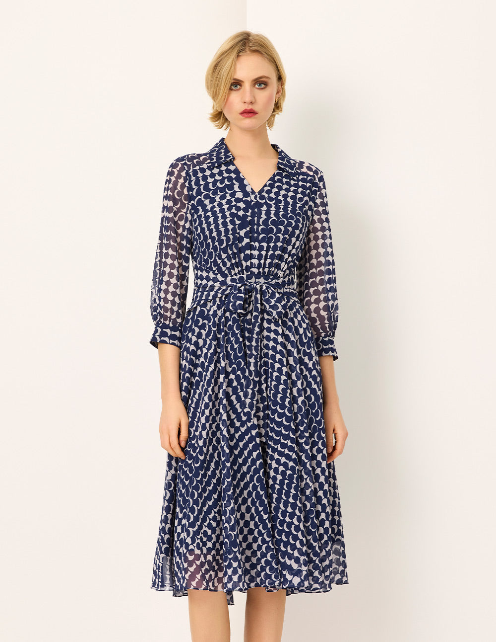 MARYLING Shirt Collar Long-Sleeve Empire Tie-Waist Printed  Midi Dress