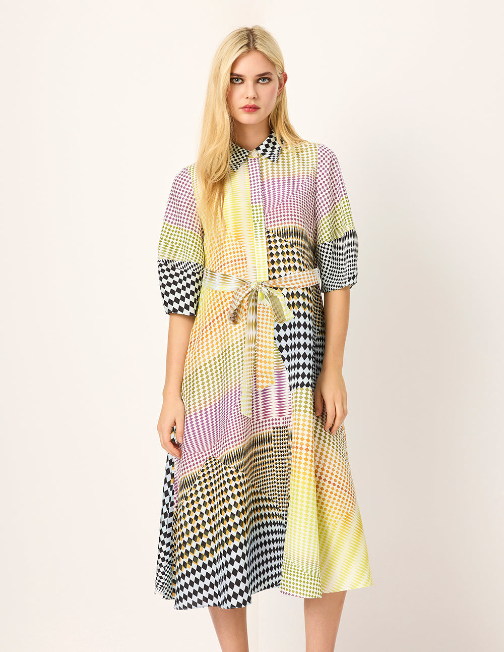 MARYLING Color Block Rhombus Print Short Sleeve Midi Shirt Dress