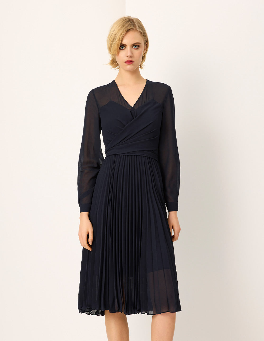 MARYLING V-Neck Long-Sleeve Wrap Tie-Waist Pleated Midi Dress