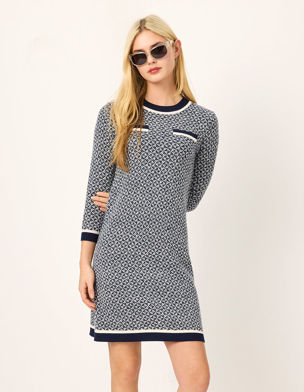 MARYLING Blue & White Trimmed Wool Knit Midi Shift Dress