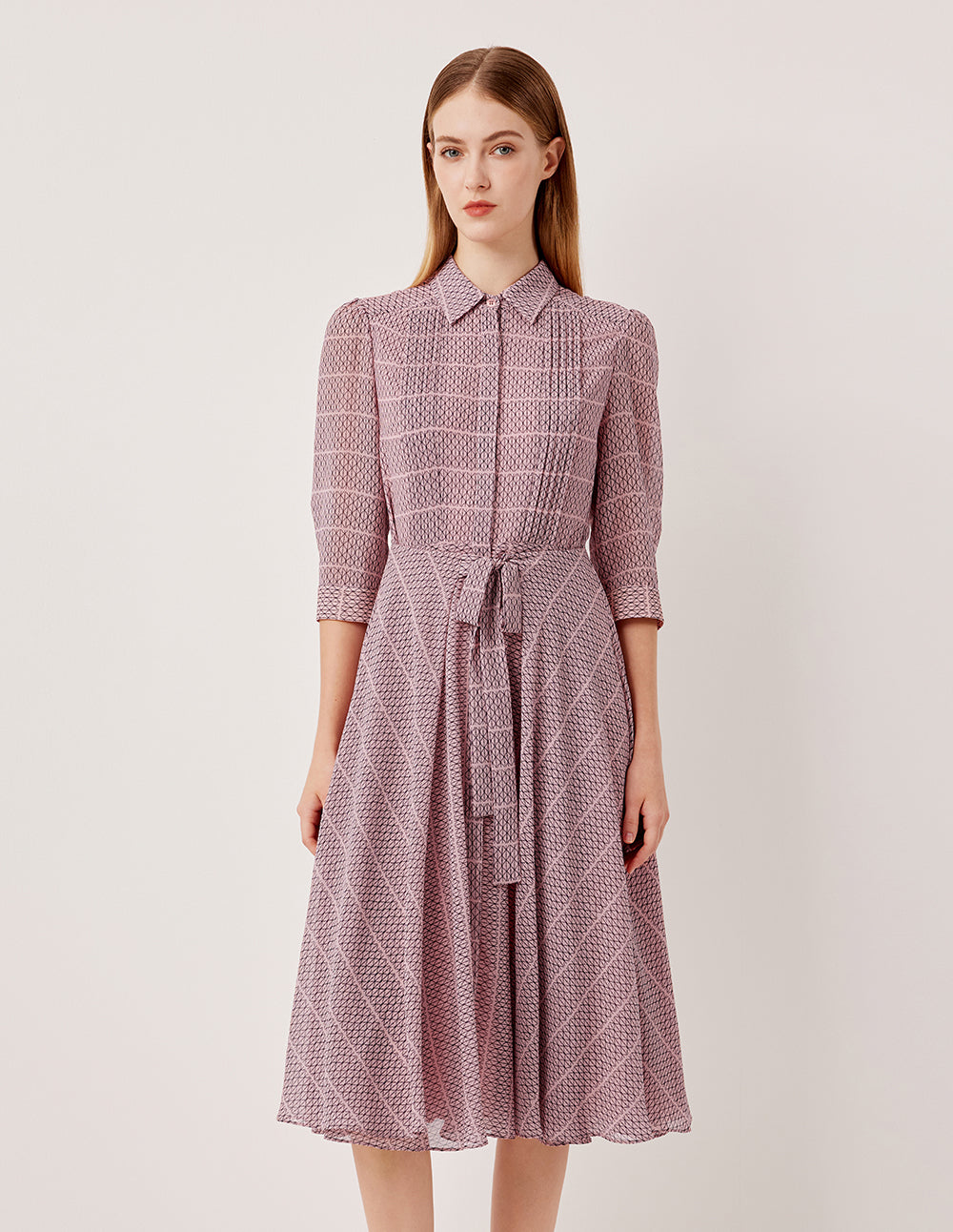 MARYLING Lapel Puff Long-Sleeve Pin Tuck Plaid with Tie Belt Pleated Midi Shirt Dress