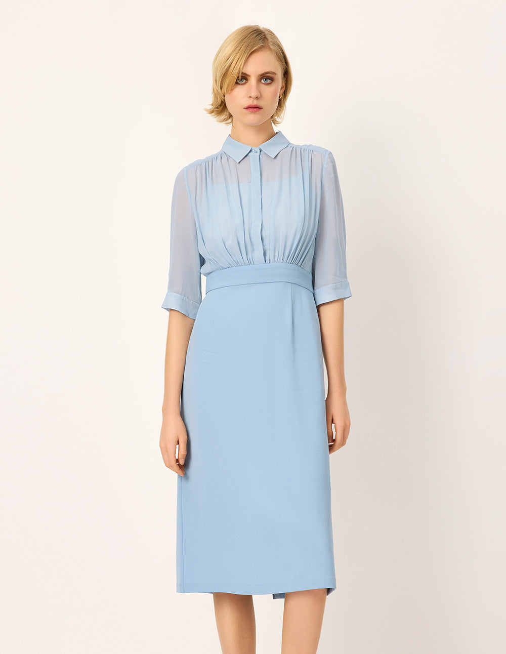 MARYLING Lapel Pleated Empire-Waist Midi Shirt Dress