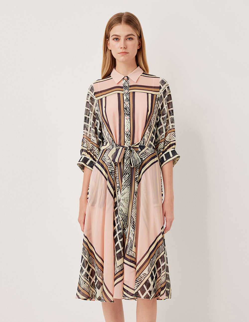MARYLING Collared Long Sleeve Belted Geometric Print Pleated Midi Shirt Dress